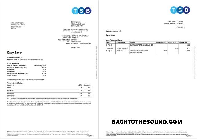 Düzenlenebilir İndir Birleşik Krallık TSB Banka Hesap Hesap Özeti Word and PDF Şablon, 2 pages Örnek