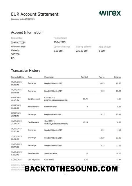 İndir Birleşik Krallık Wirex Hesap Hesap Özeti Word and PDF Örnek ön izleme