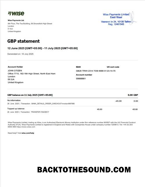 İndir Birleşik Krallık Wise Payments Hesap Hesap Özeti Word and PDF Örnek örnek