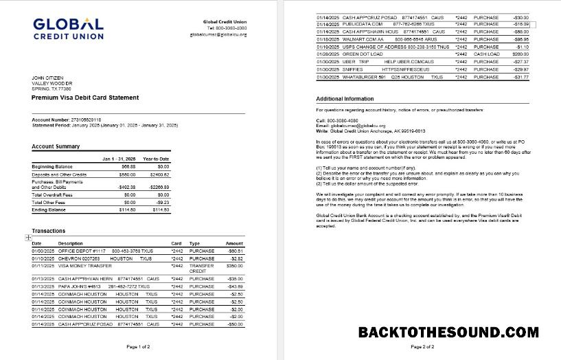 Premium İndir ABD Alaska Global Kredi birlik Banka Hesap Özeti, Word and PDF Şablon, 2 pages Örnek