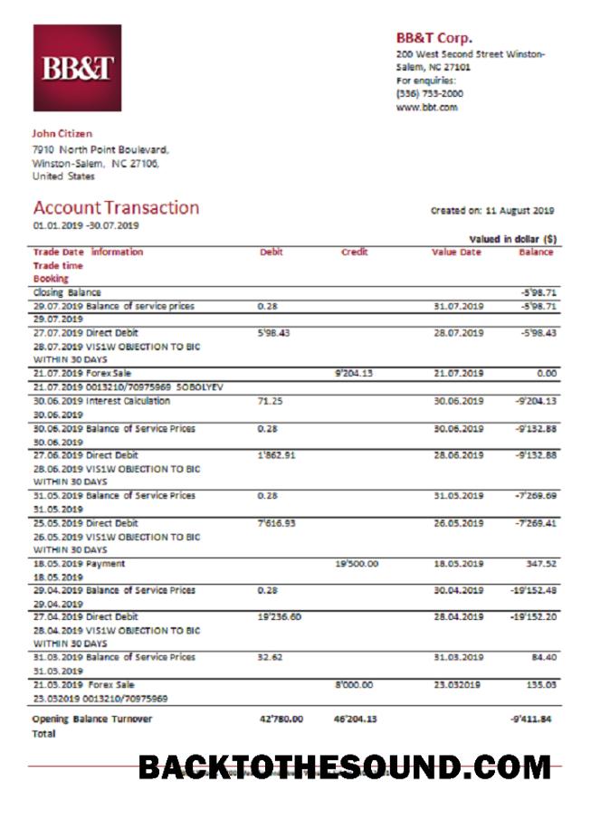 İndir ABD BB&T Corp. Banka Hesap Özeti easy to fill in .XLS and .PDF Dosya Format Örnek şablon