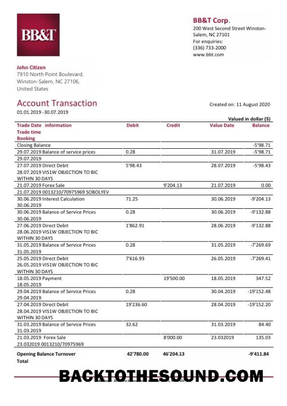 İndir ABD BB&T Corp. Banka Hesap Özeti in Word and PDF Format Örnek ön izleme