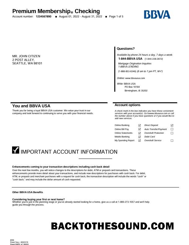 Düzenlenebilir İndir ABD BBVA Banka Hesap Özeti Word and PDF Şablon, 5 pages Örnek