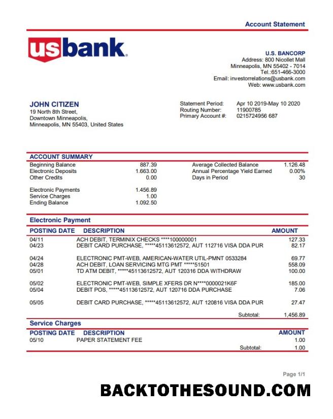 İndir ABD Bancorp Banka proof of address Hesap Özeti in Word and PDF Format Örnek ön izleme