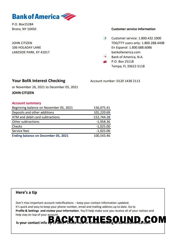 İndir ABD Banka of Amerika Banka Hesap Özeti easy to fill in .XLS and .PDF Dosya Format Örnek örnek