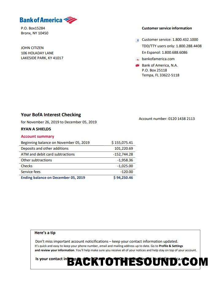 İndir ABD Banka of Amerika Banka Hesap Özeti easy to fill in Word and PDF Format Örnek ön izleme