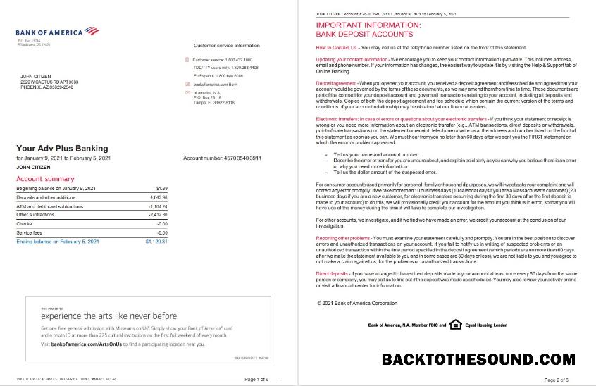 İndir ABD Banka of Amerika Banka Hesap Özeti in Word and PDF Format, 6 pages, Sürüm 2 Örnek ön izleme