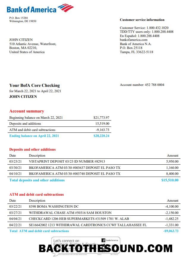İndir ABD Banka of Amerika Banka Hesap Özeti in Word and PDF Format, Sürüm 4 Örnek şablon