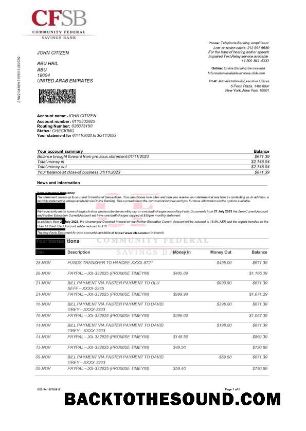 İndir ABD CFSB Banka Hesap Özeti Word and PDF Örnek tasarım