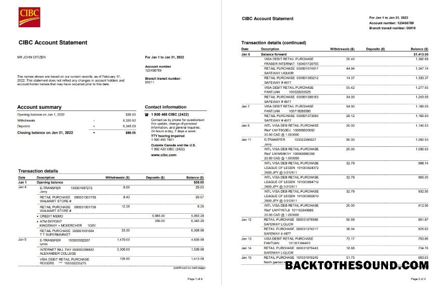 Profesyonel İndir ABD CIBC Banka Hesap Özeti, Word and PDF Şablon, 4 pages Örnek