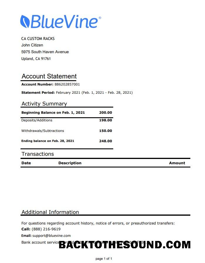 İndir ABD California BlueVine Banka Hesap Özeti easy to fill in .XLS and .PDF Dosya Format Örnek ön izleme