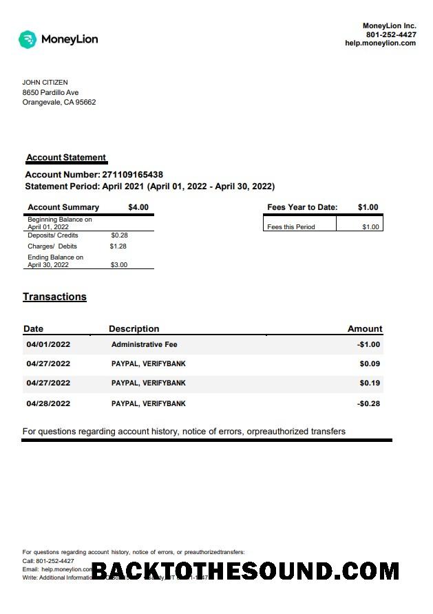 İndir ABD California MoneyLion Banka Hesap Özeti Örnek ön izleme