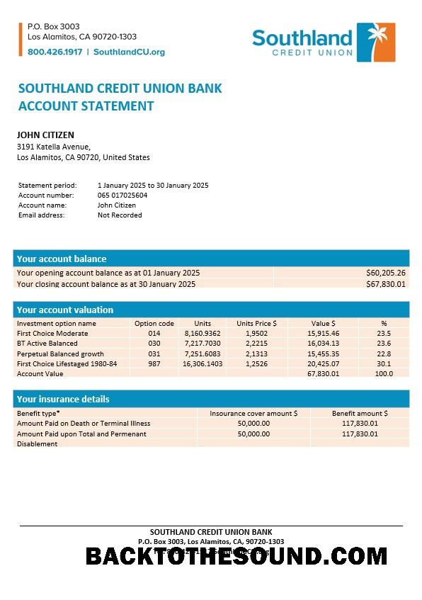 İndir ABD California Southland Kredi birlik Banka Hesap Özeti, Word and PDF Örnek ön izleme