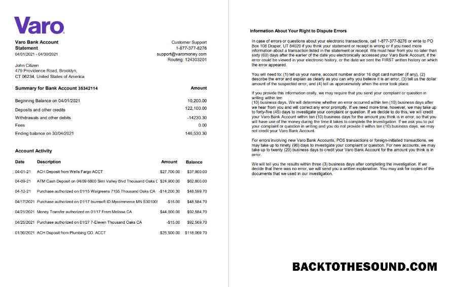 İndir ABD California Varo Banka Hesap Özeti in Excel and PDF Format (2 pages) Örnek tasarım