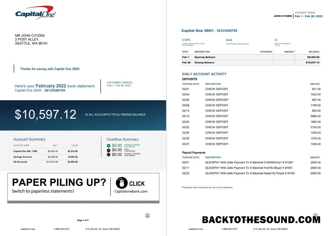 Düzenlenebilir İndir ABD Capital One Banka Hesap Özeti Word and PDF Şablon, 4 pages Örnek