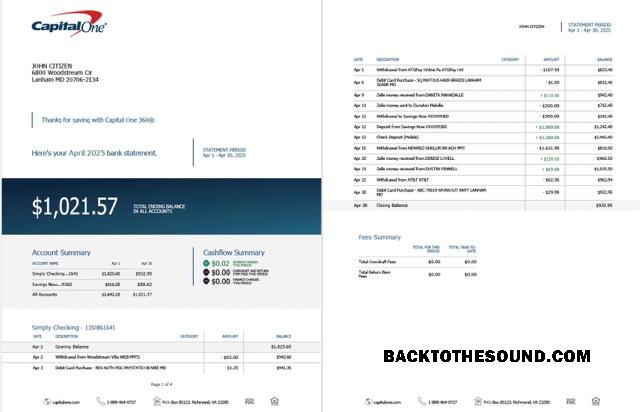 Yüksek Kalite İndir ABD Capital One Hesap Özeti Hesap Word and PDF Şablon, 2 pages Örnek