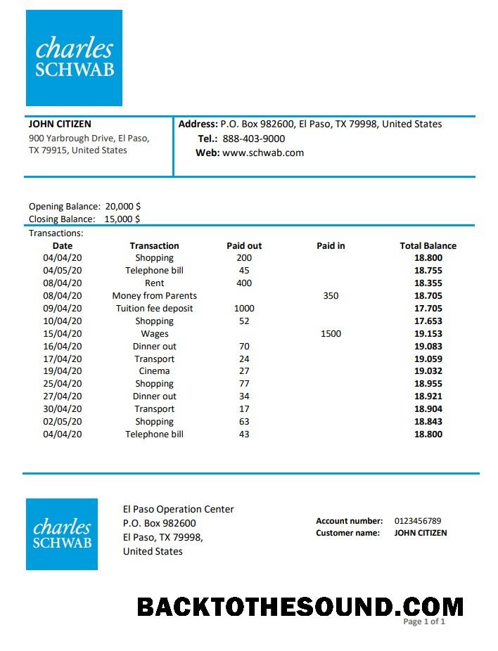 İndir ABD Charles Schwab & Co Banka proof of address Hesap Özeti in Word and PDF Format Örnek örnek