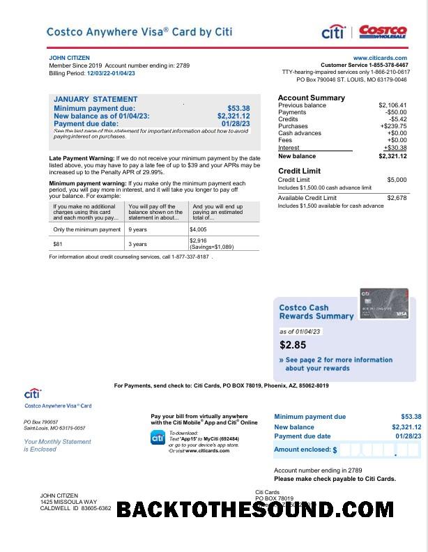 Profesyonel İndir ABD Citi Banka Kart Hesap Özeti Word and PDF Şablon, 2 pages Örnek