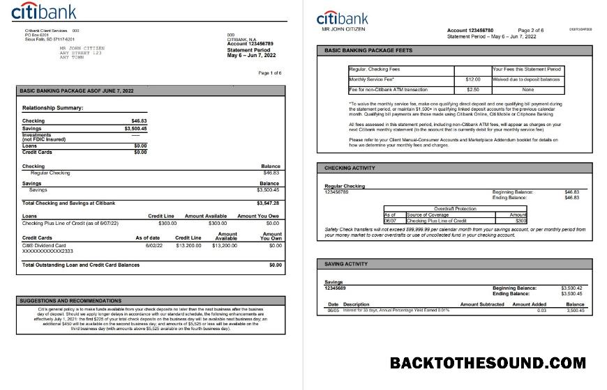 Düzenlenebilir İndir ABD Citibank Banka Hesap Özeti, Word and PDF Şablon, 6 pages Örnek