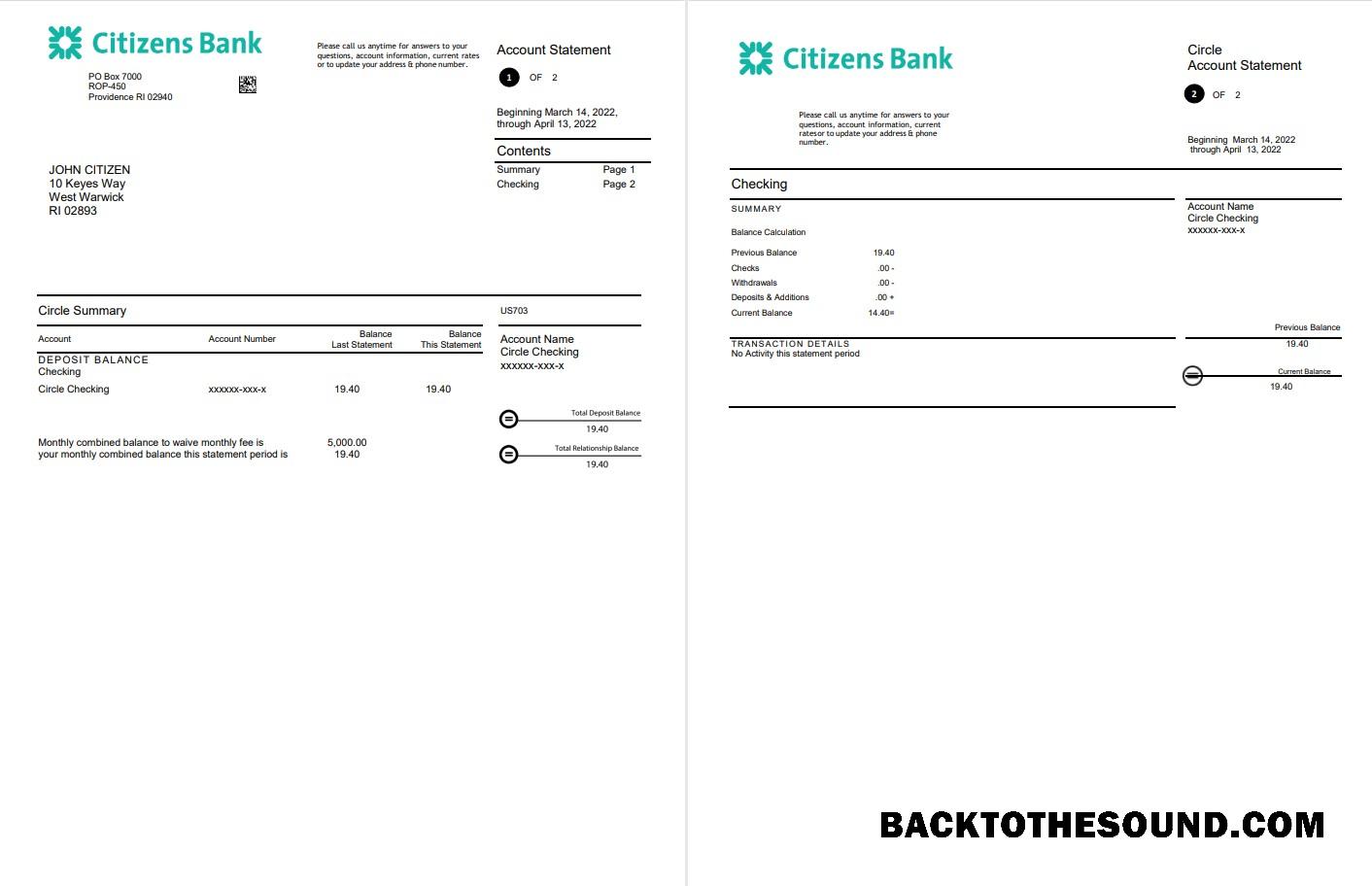 Düzenlenebilir İndir ABD Citizens Banka Hesap Özeti Word and PDF Şablon, 2 pages Örnek
