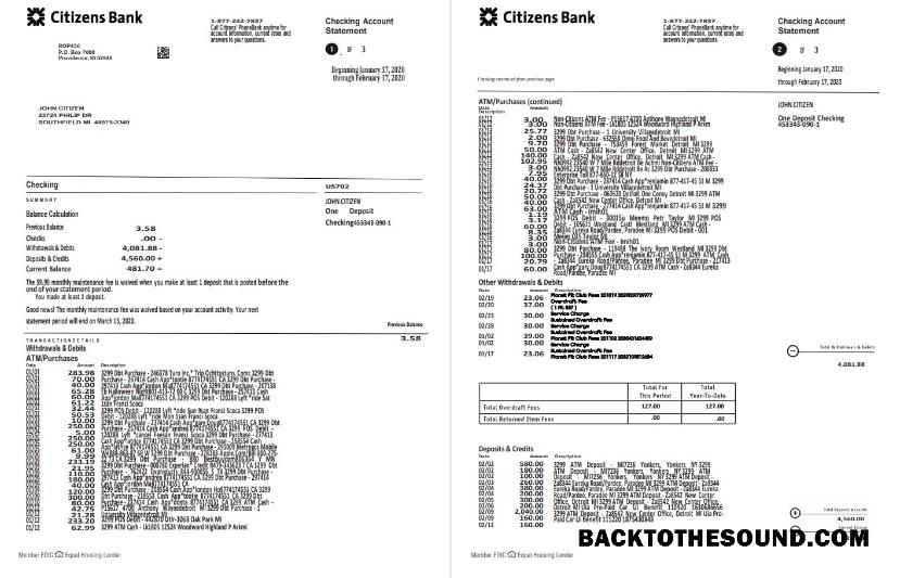 İndir ABD Citizens Banka Hesap Özeti in Word and PDF Format, (4 pages) good for address prove Örnek taslak