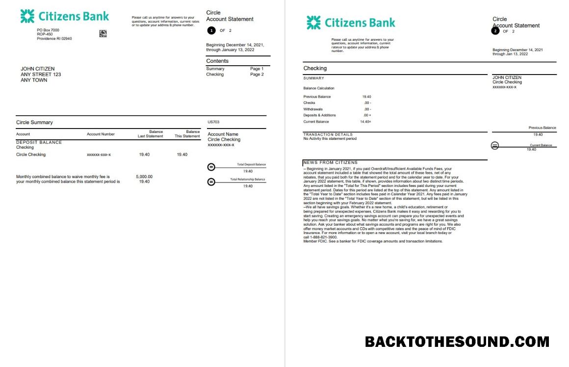 Düzenlenebilir İndir ABD Citizens Banka Hesap Özeti, Word and PDF Şablon, 4 pages Örnek