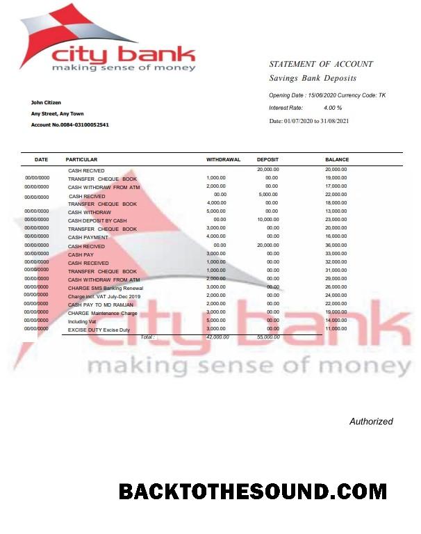 İndir ABD City Banka Hesap Özeti Word and PDF Örnek örnek