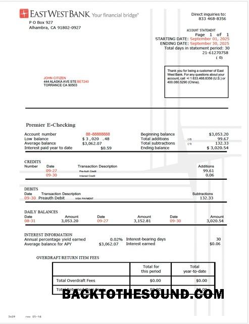 İndir ABD East West Banka Hesap Hesap Özeti Word and PDF Örnek ön izleme
