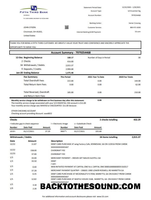 İndir ABD Fifth Third Banka Hesap Özeti easy to fill in .XLS and .PDF Dosya Format Örnek örnek