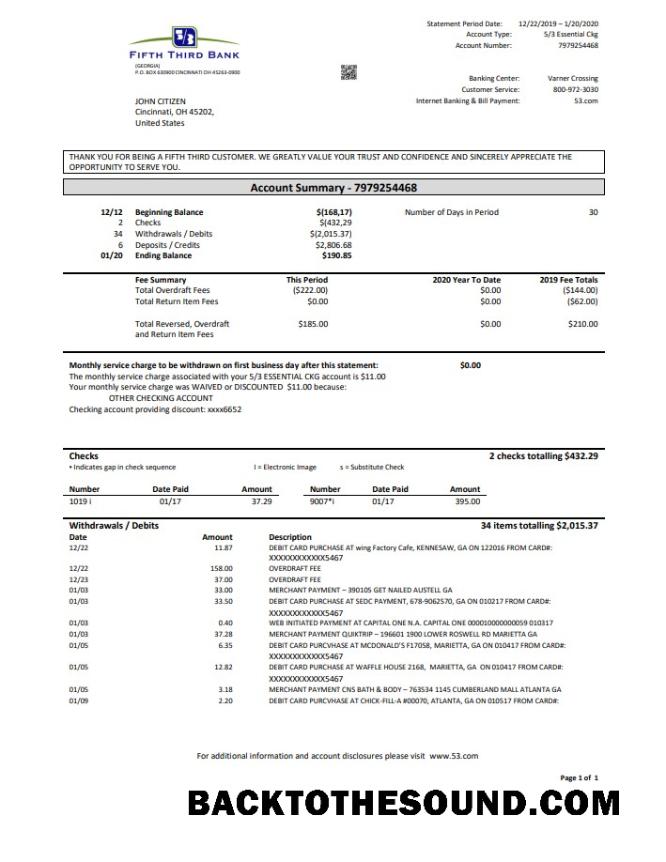 İndir ABD Fifth Third Banka Hesap Özeti in Word and PDF (.doc and .PDF) Format, good for address prove Örnek örnek