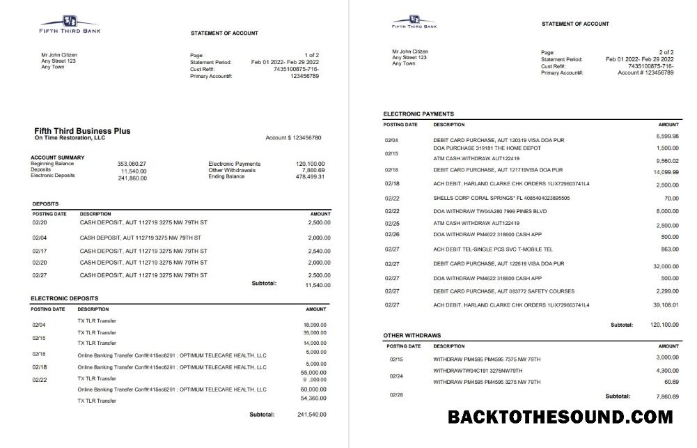 Premium İndir ABD Fifth Third Banka Hesap Özeti, Word and PDF Şablon, 2 pages Örnek