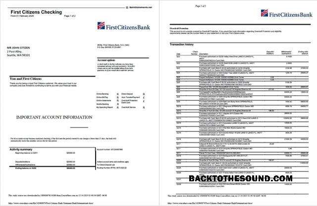 Gerçekçi İndir ABD First Citizens Banka Hesap Özeti Word and PDF Şablon, 2 pages Örnek