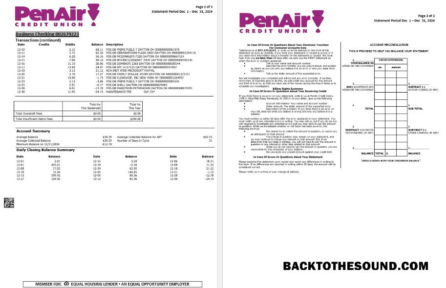 İndir ABD Florida PenAir Kredi birlik Banka Hesap Özeti, 3 pages 2 Örnek örnek