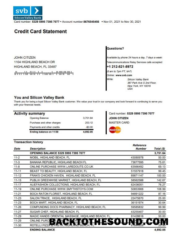 İndir ABD Florida Silicon Valley Banka Kredi Kart Hesap Özeti in Excel and PDF Format Örnek tasarım