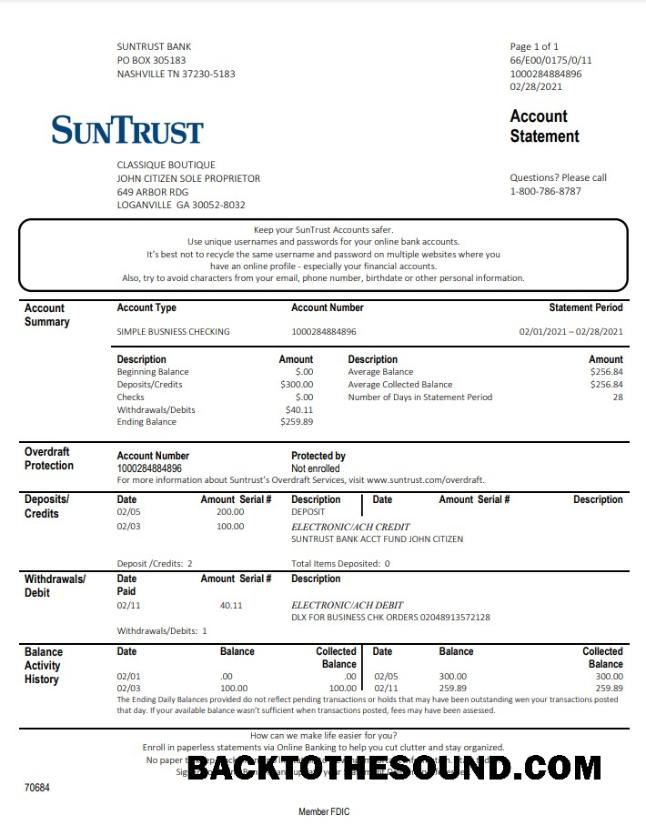 İndir ABD Gürcistan SunTrust Banka proof of address Hesap Özeti in .doc and .PDF Format Örnek tasarım