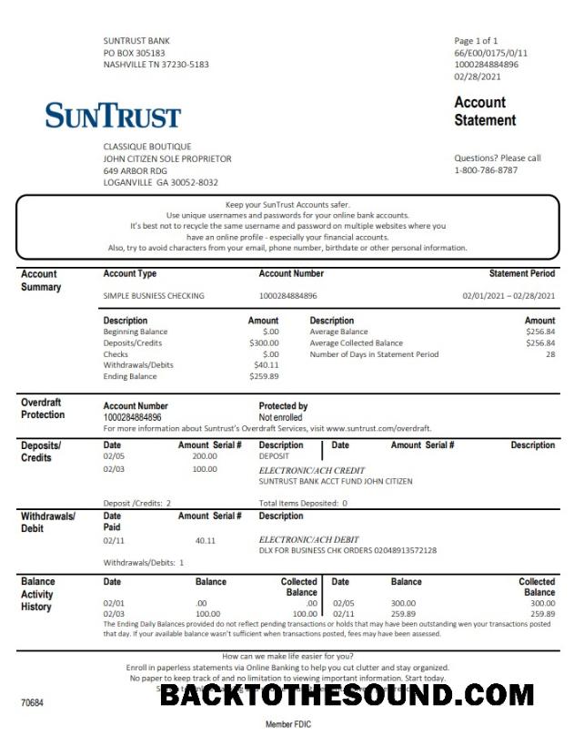 İndir ABD Gürcistan SunTrust Banka Hesap Özeti in Word and PDF Format (For Sole Proprietor) Örnek şablon