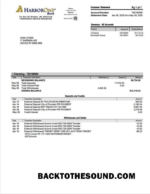İndir ABD HarborOne Banka Hesap Hesap Özeti Word and PDF Örnek şablon