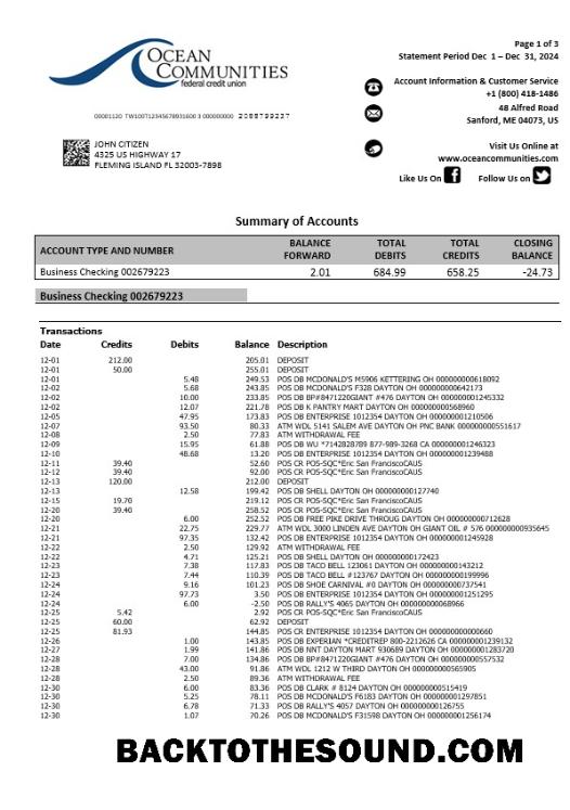 İndir ABD Maine Ocean Communities Federal Kredi birlik Banka Hesap Özeti, 3 pages Örnek taslak