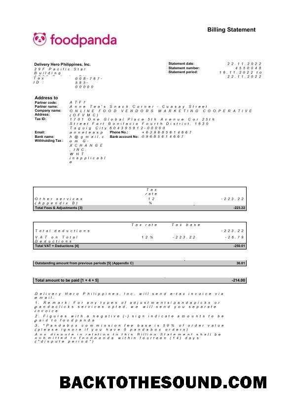 Yüksek Kalite İndir ABD Yeni York Foodpanda faturalandırma Hesap Özeti Word and PDF Şablon, 4 pages Örnek