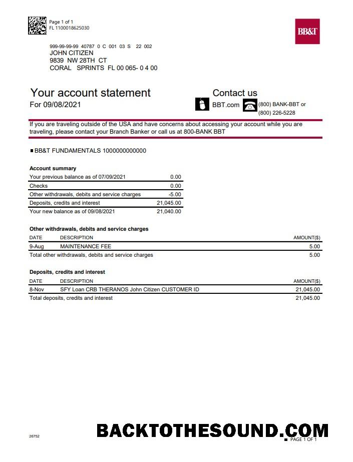 İndir ABD North Carolina BB&T Corp. Banka Hesap Hesap Özeti in Word and PDF Format Örnek ön izleme