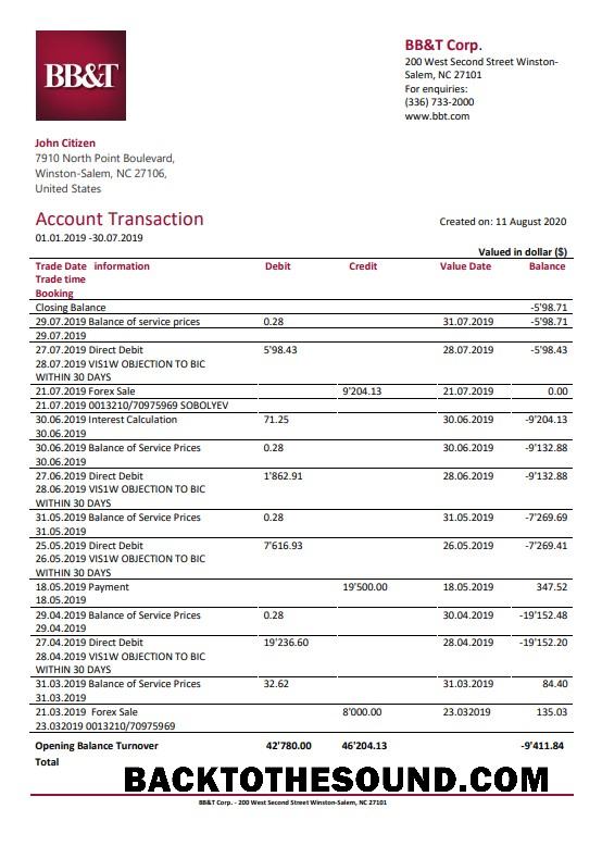 İndir ABD North Carolina BB&T Corp. Banka Hesap Özeti in Word and PDF Format Örnek tasarım