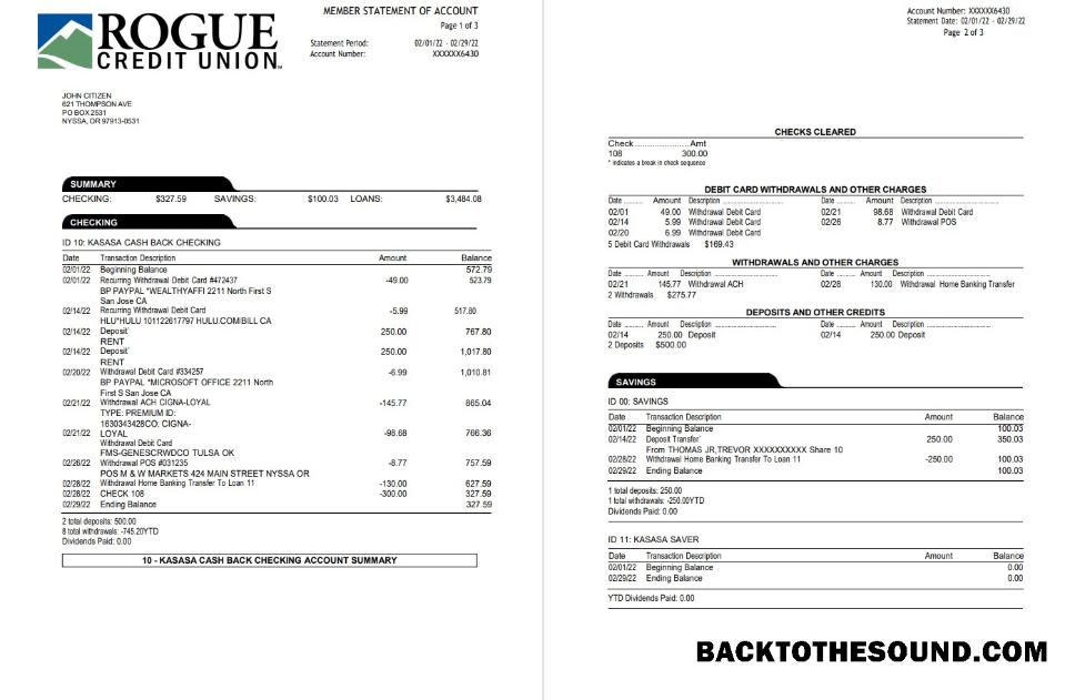 İndir ABD Oregon Rogue Banka Hesap Özeti 3 pages Örnek şablon