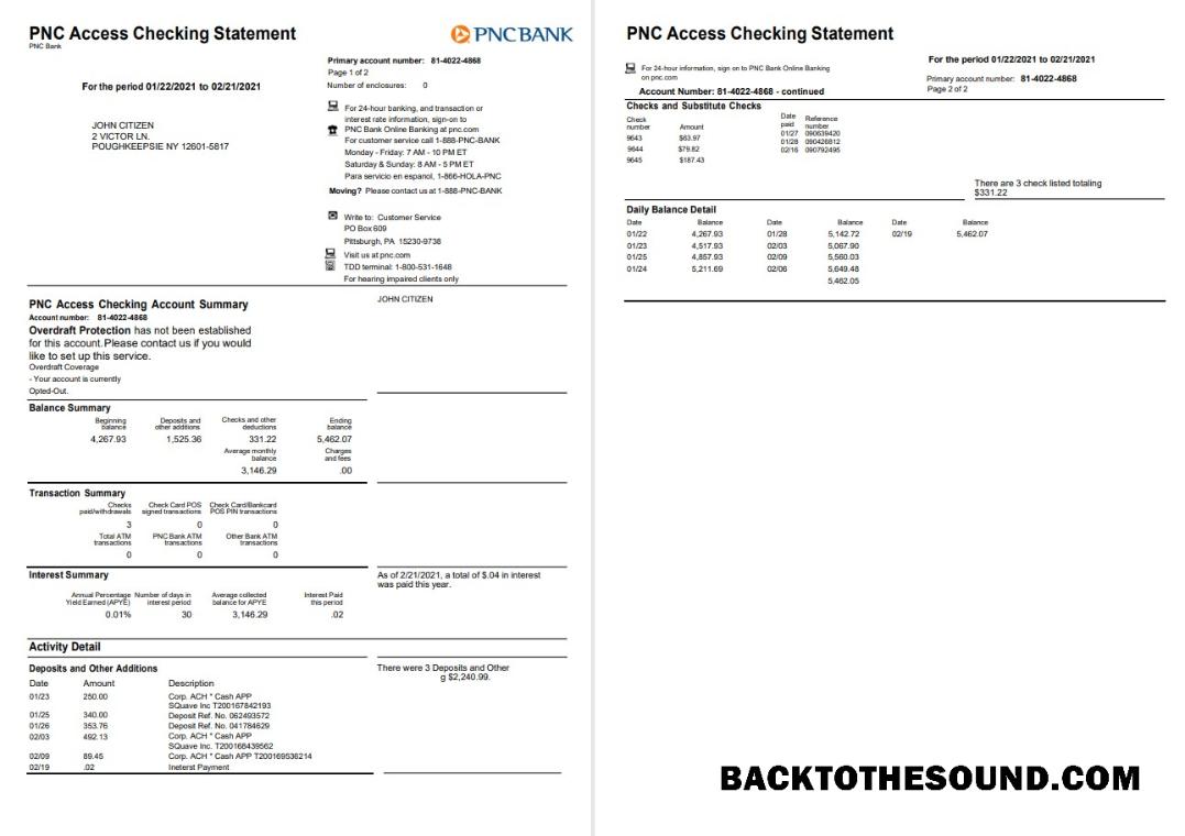 Yüksek Kalite İndir ABD PNC Banka Hesap Özeti, Word and PDF Şablon, 2 pages Örnek