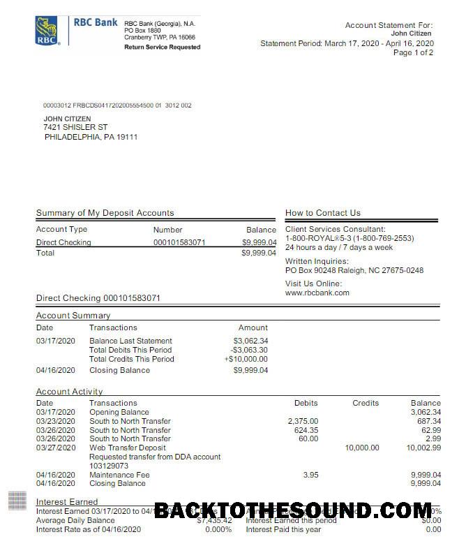 Düzenlenebilir İndir ABD RBC Banka Hesap Özeti Word and PDF Şablon, Sürüm 2 Örnek