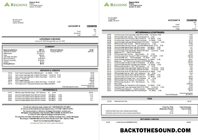 Premium İndir ABD Regions Banka Hesap Özeti, Word and PDF Şablon, 4 pages Örnek