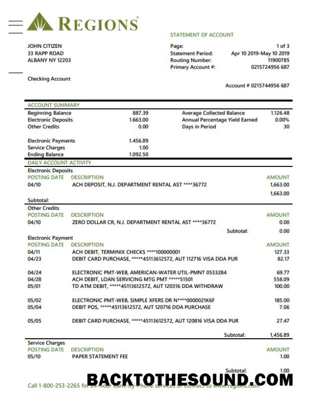 İndir ABD Regions Banka proof of address Hesap Özeti in Word and PDF Format Örnek ön izleme