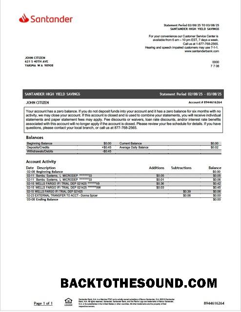 İndir ABD Santander Banka Hesap Özeti Word and PDF Örnek taslak
