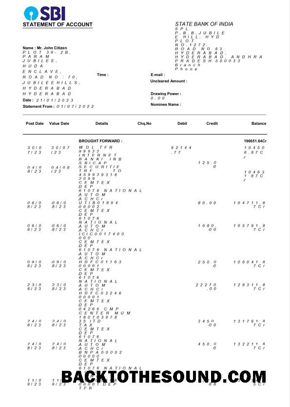 Gerçekçi İndir ABD State Banka of Hindistan Banka Hesap Özeti Word and PDF Şablon, 3 pages Örnek
