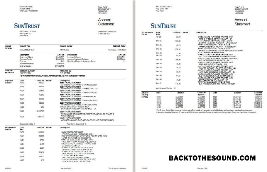 Premium İndir ABD SunTrust Banka Hesap Özeti, Word and PDF Şablon, 2 pages Örnek