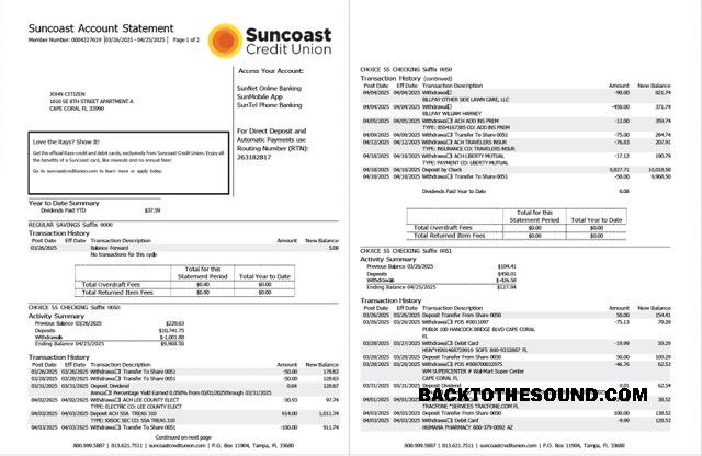 Gerçekçi İndir ABD Suncoast Banka Hesap Hesap Özeti Word and PDF Şablon, 2 pages Örnek